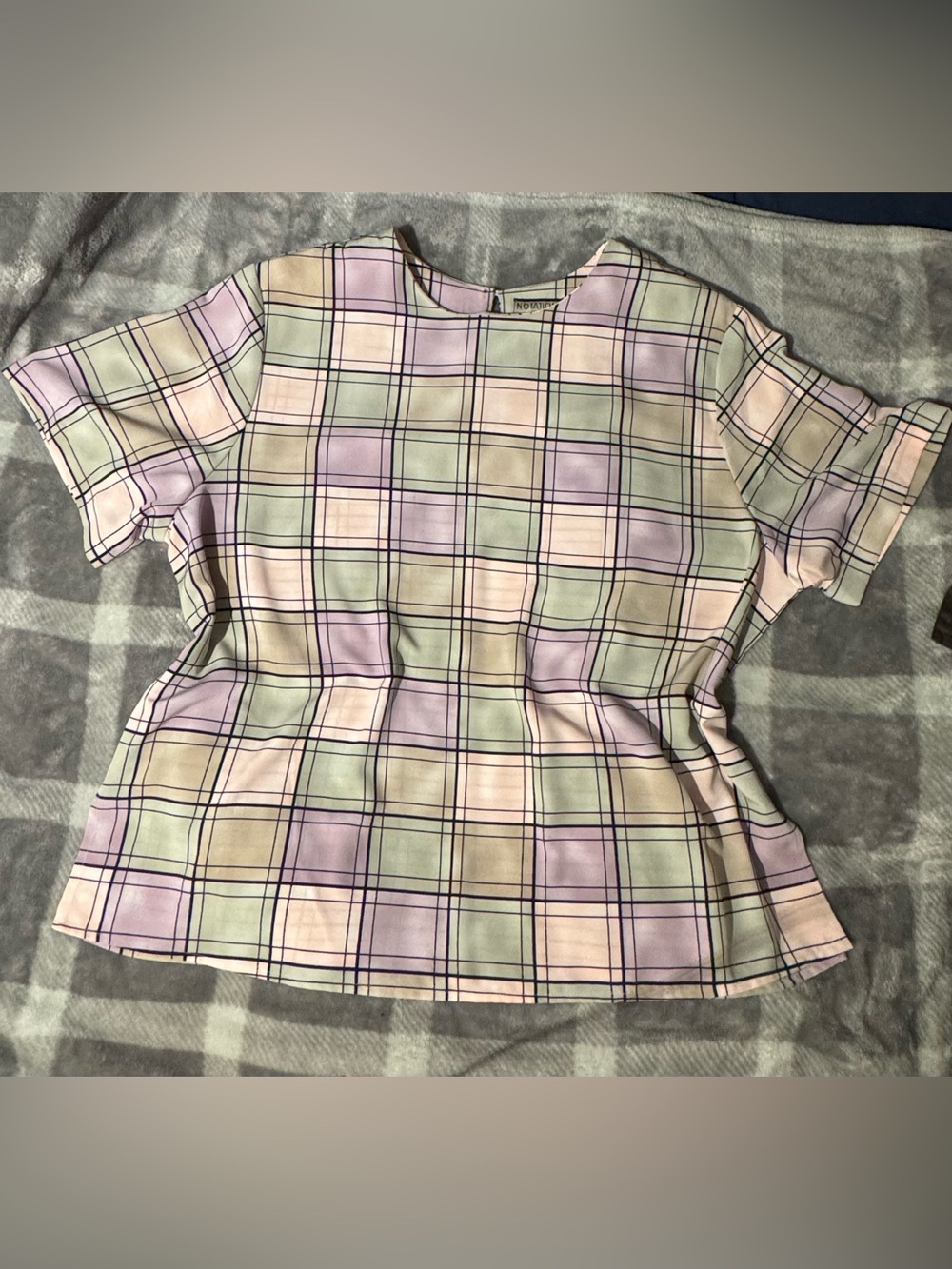 Notations Pastel Plaid Short Sleeve Blouse in Pink, Lavender & Mint